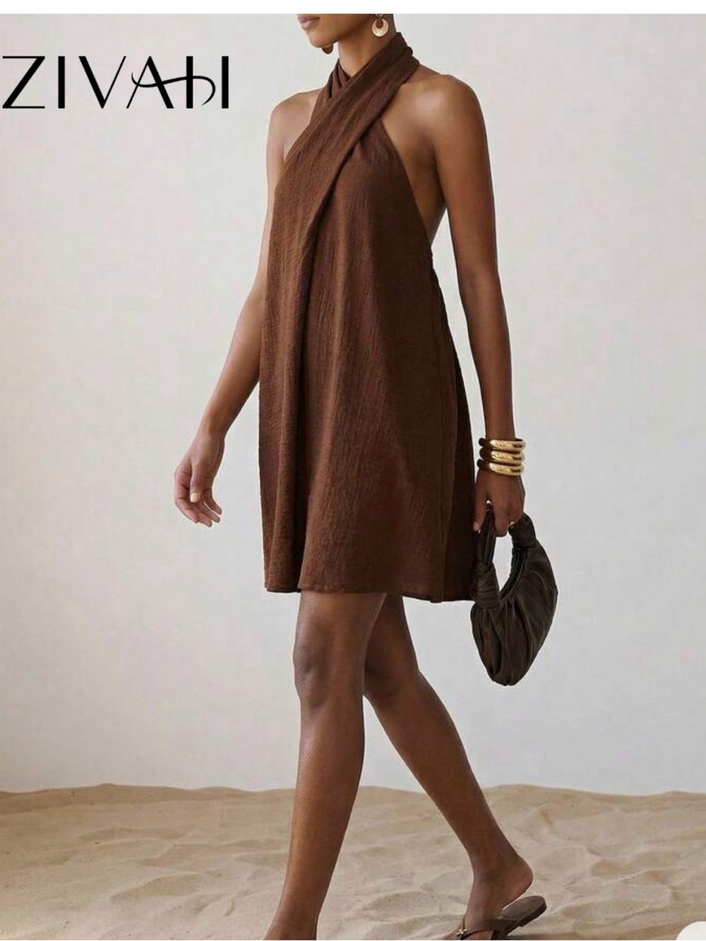 SHEIN Summer Brown Halter Mini Dress
